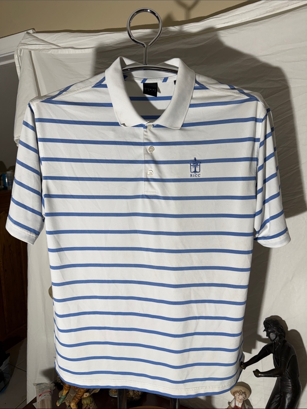 Men's White Polo with Light Blue Stripes and Embroidered Crest